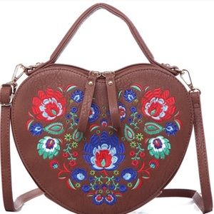NWT Beautiful Bohemian Heart Shaped Bag! With Embroidered Floral Motif!